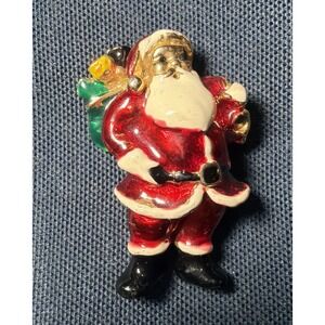 Santa Claus Brooch Enamel Christmas Toy Sack over Shoulder Gold Tone 2 Inch